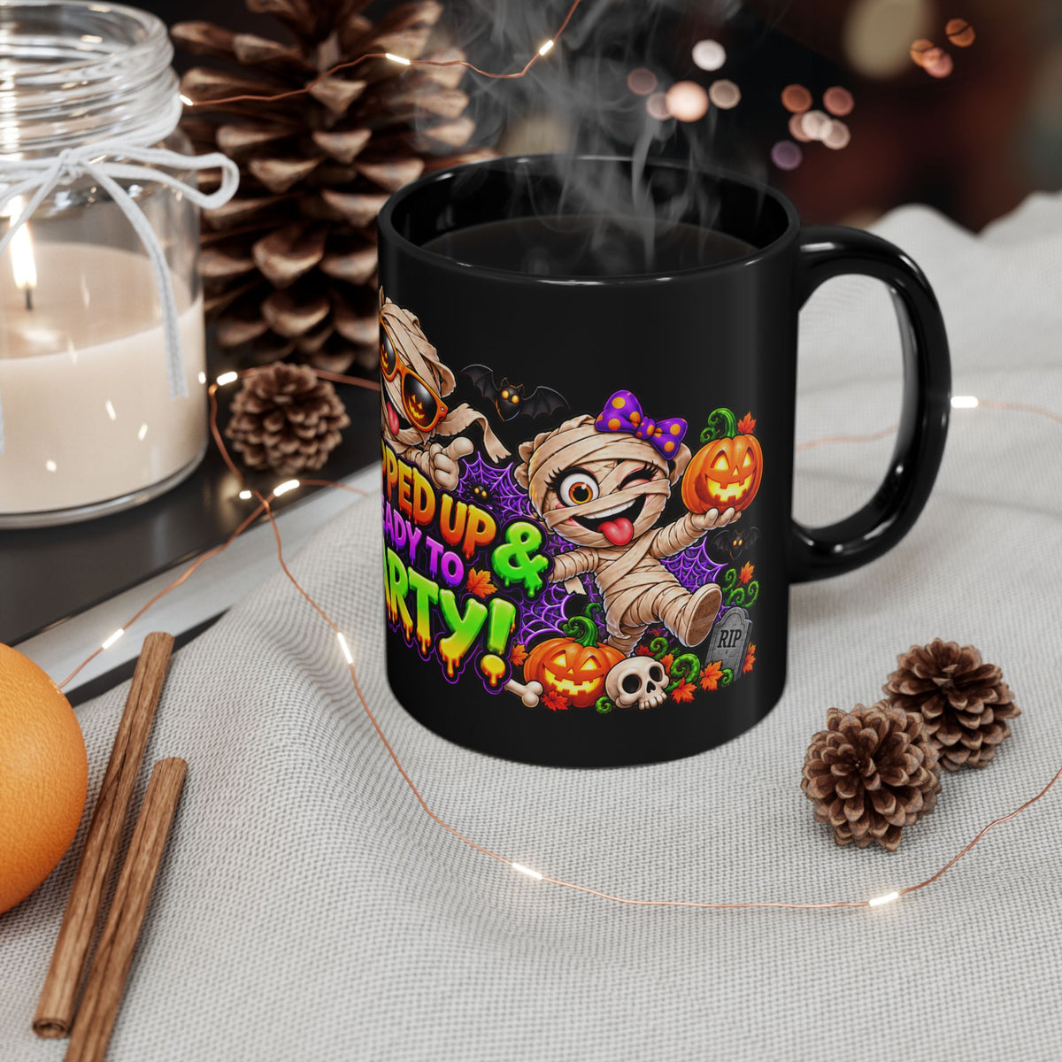 Wrapped Up & Ready to Party Black Mug – Funny Mummies & Halloween Design