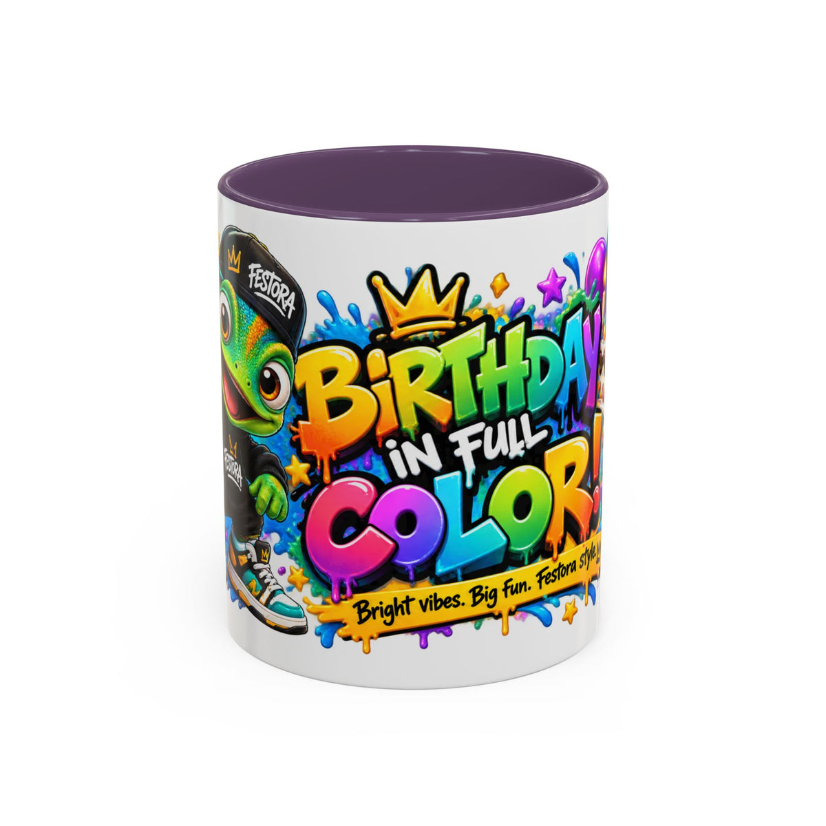Birthday in Full Color White Ceramic Mug – Fun Colorful Birthday Coffee Cup – FestoraShop Original Design