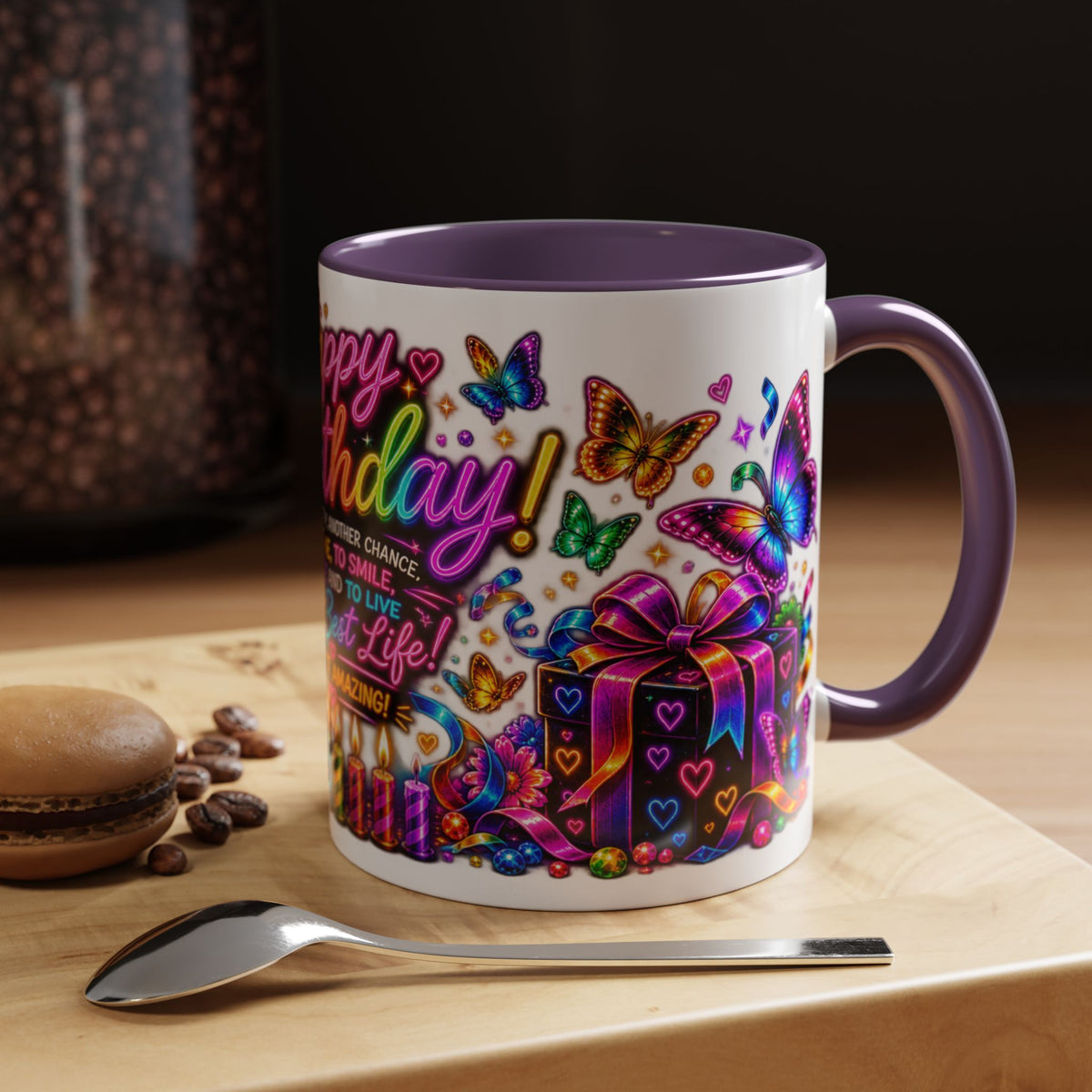 Birthday Coffee Mug – Colorful "Happy Birthday" Gift Mug with Butterflies & Candles
