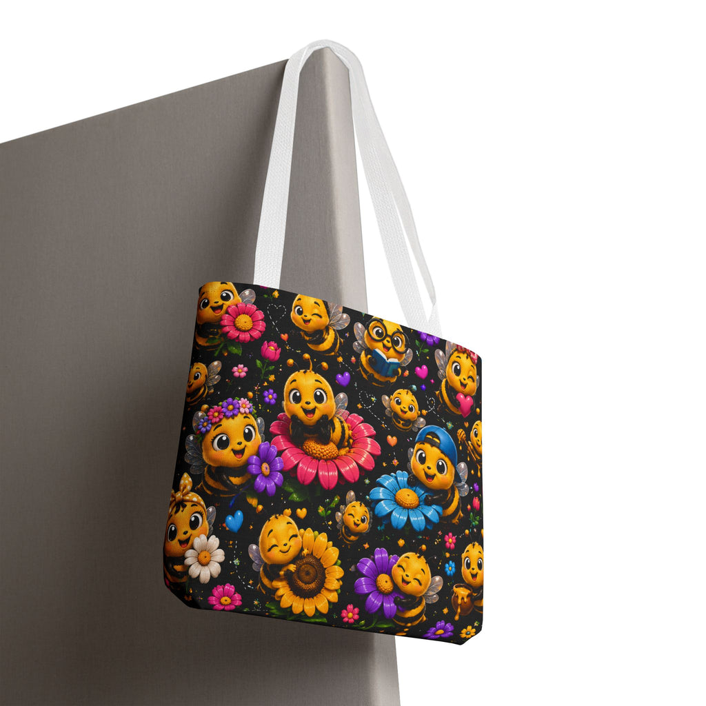 Cute Bee Pattern Tote Bag — Colorful Floral Cartoon Bees All-Over Print