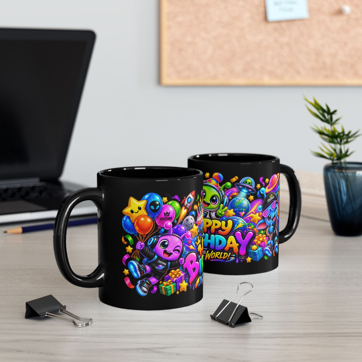 Happy Birthday Out Of This World Mug — Colorful Alien Birthday Coffee Cup