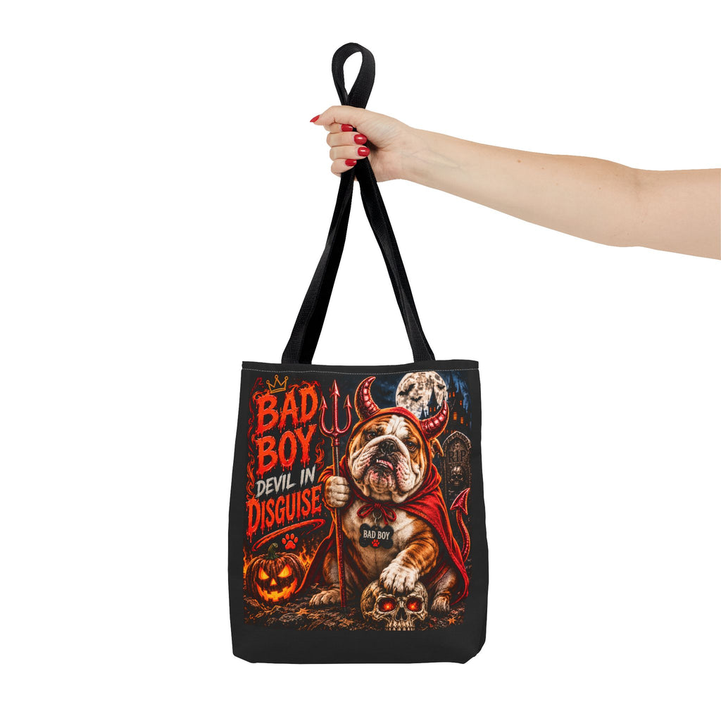 Halloween Bulldog Tote Bag – "Bad Boy Devil in Disguise" Gothic Pumpkin Skull Design