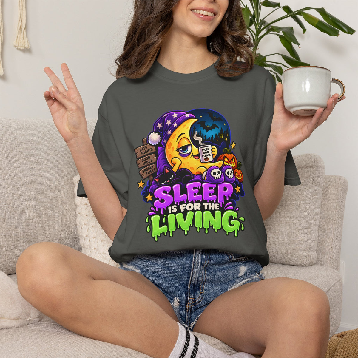 Sleep Is for the Living – Funny Halloween Moon T-Shirt