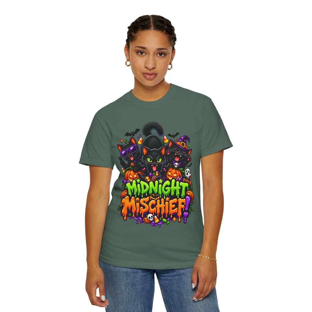 Midnight Mischief Halloween T-Shirt – Funny Black Cat Graphic Tee