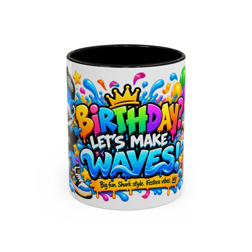 BIRTHDAY? LET’S MAKE WAVES! White Ceramic Mug – Funny Shark Birthday Coffee Cup – Original FestoraShop Design