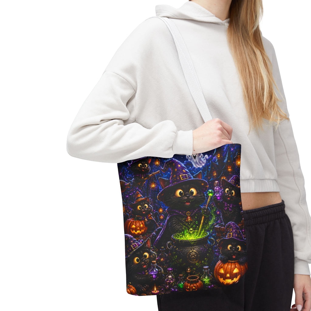 Halloween Black Cat Witches Tote Bag — Cute 3D Cats, Cauldron & Pumpkins Design