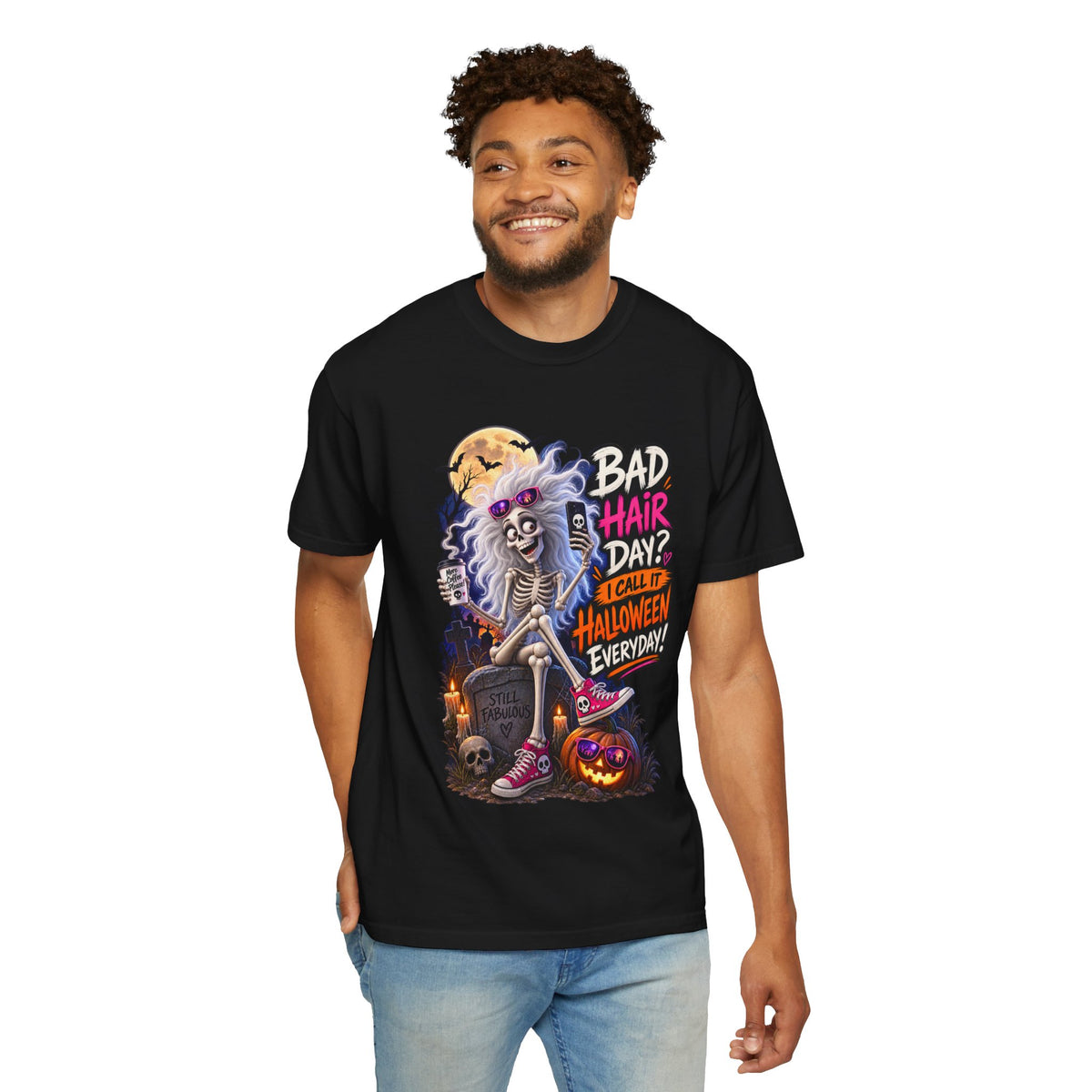 Halloween T-Shirt — “Bad Hair Day? I Call It Halloween Everyday!” Gothic Skeleton Tee