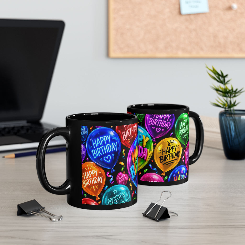 Happy Birthday Balloon Black Mug — Colorful Celebration Coffee Cup (11oz/15oz)