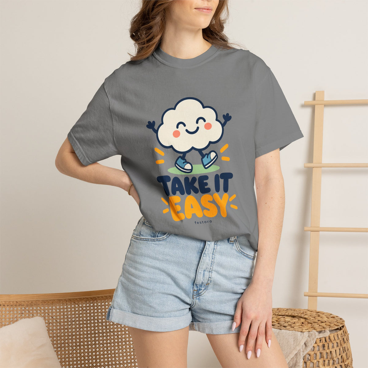Take It Easy – Happy Cloud Graphic T-Shirt | Festora Everyday