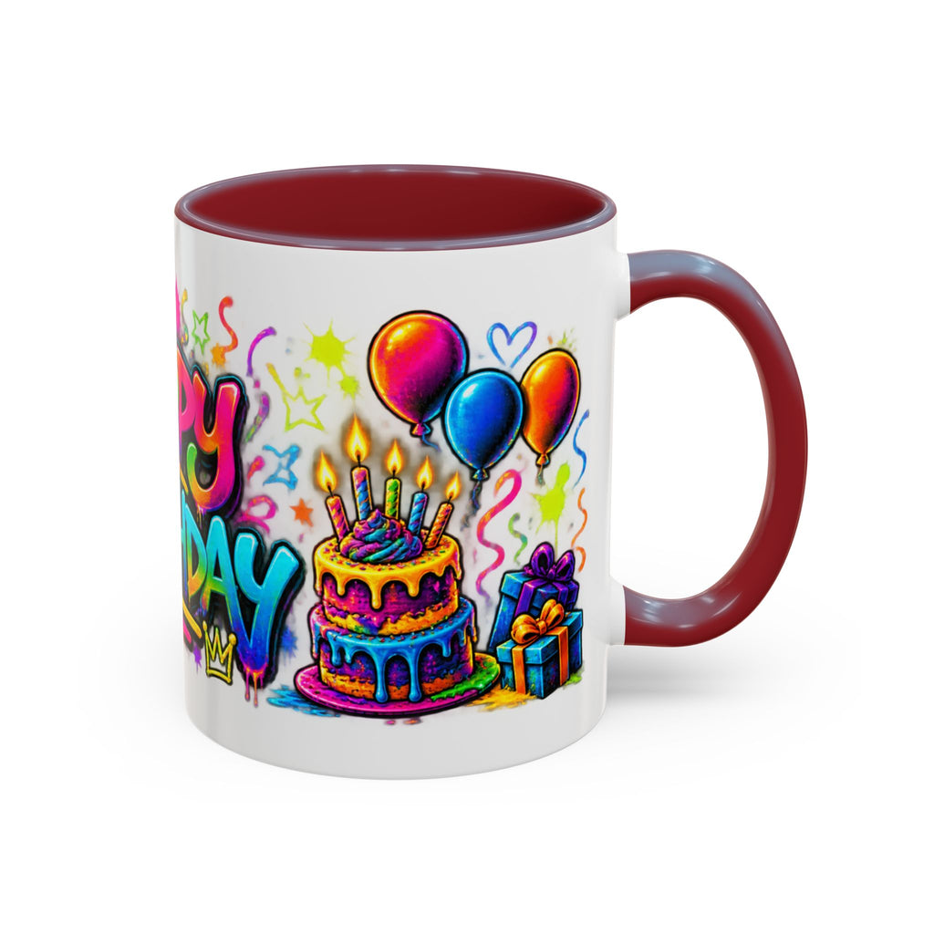 Happy Birthday Accent Coffee Mug – Colorful Graffiti Cake & Balloons (11/15oz)