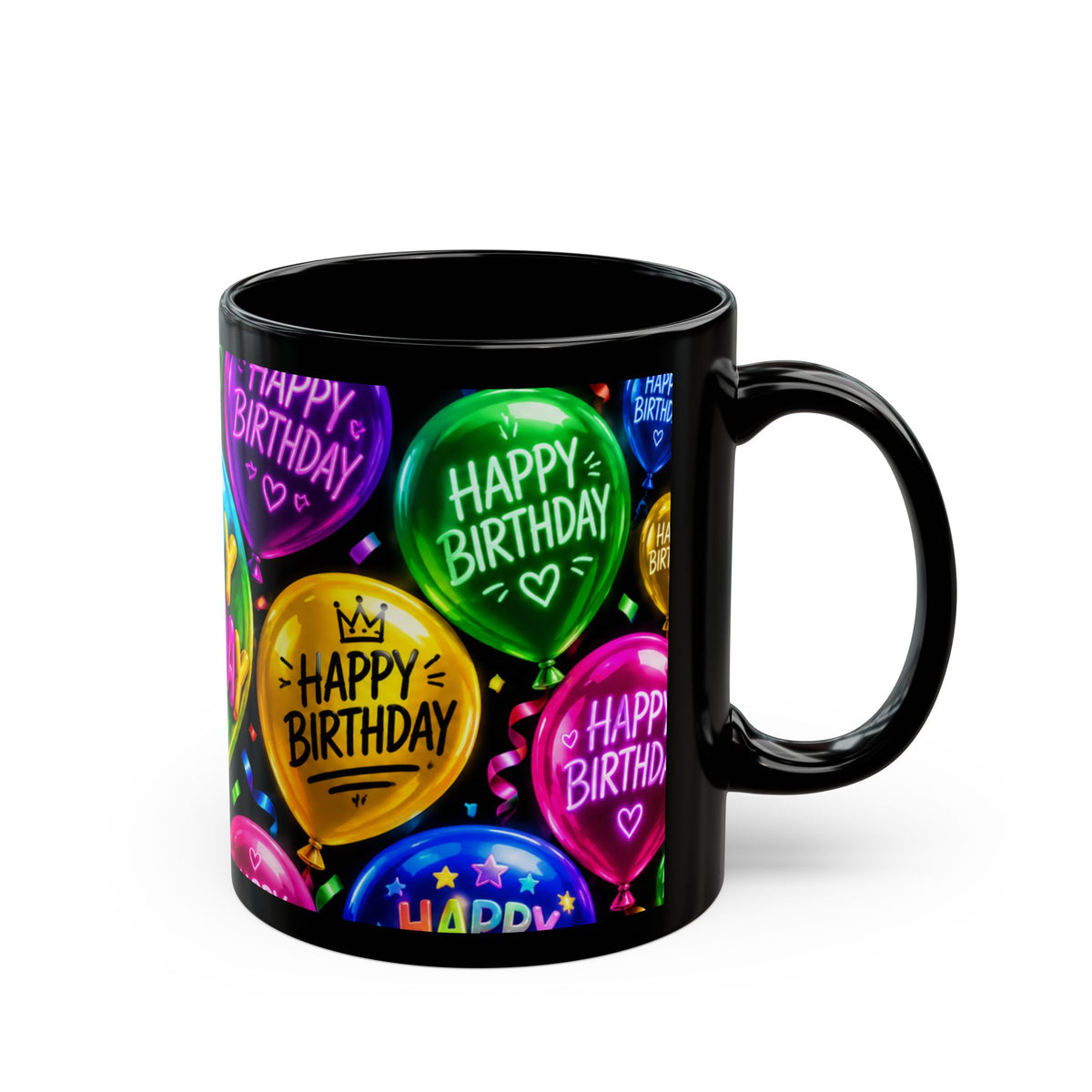 Happy Birthday Balloon Black Mug — Colorful Celebration Coffee Cup (11oz/15oz)