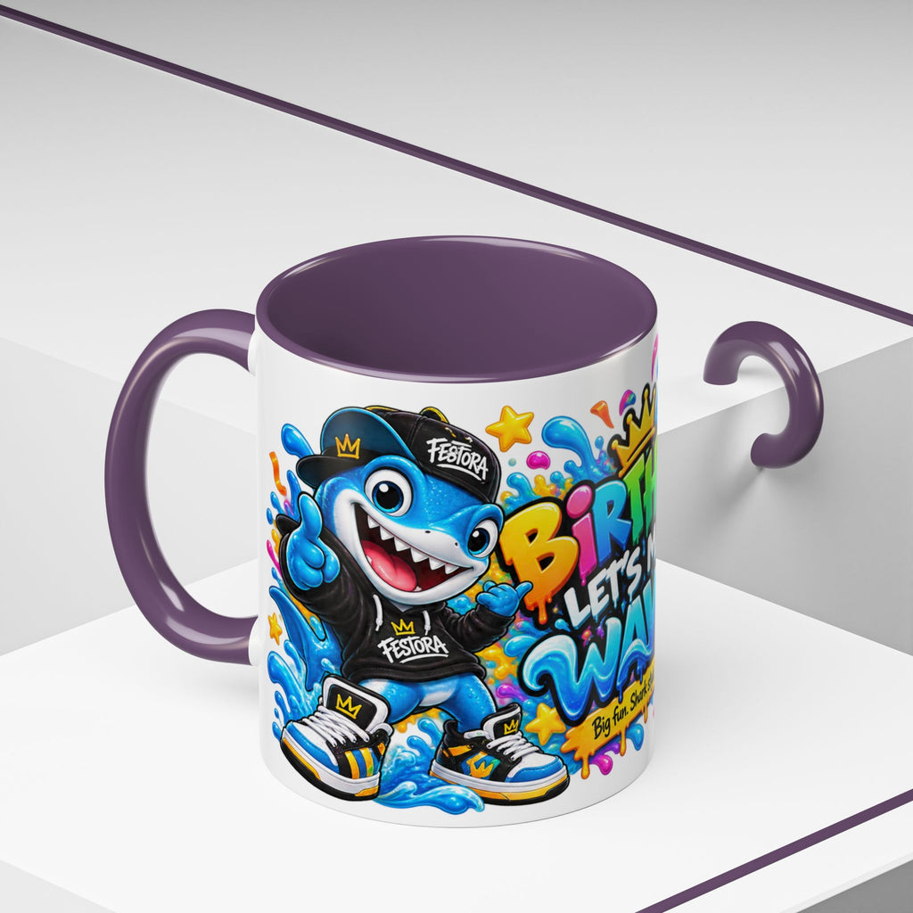 BIRTHDAY? LET’S MAKE WAVES! White Ceramic Mug – Funny Shark Birthday Coffee Cup – Original FestoraShop Design