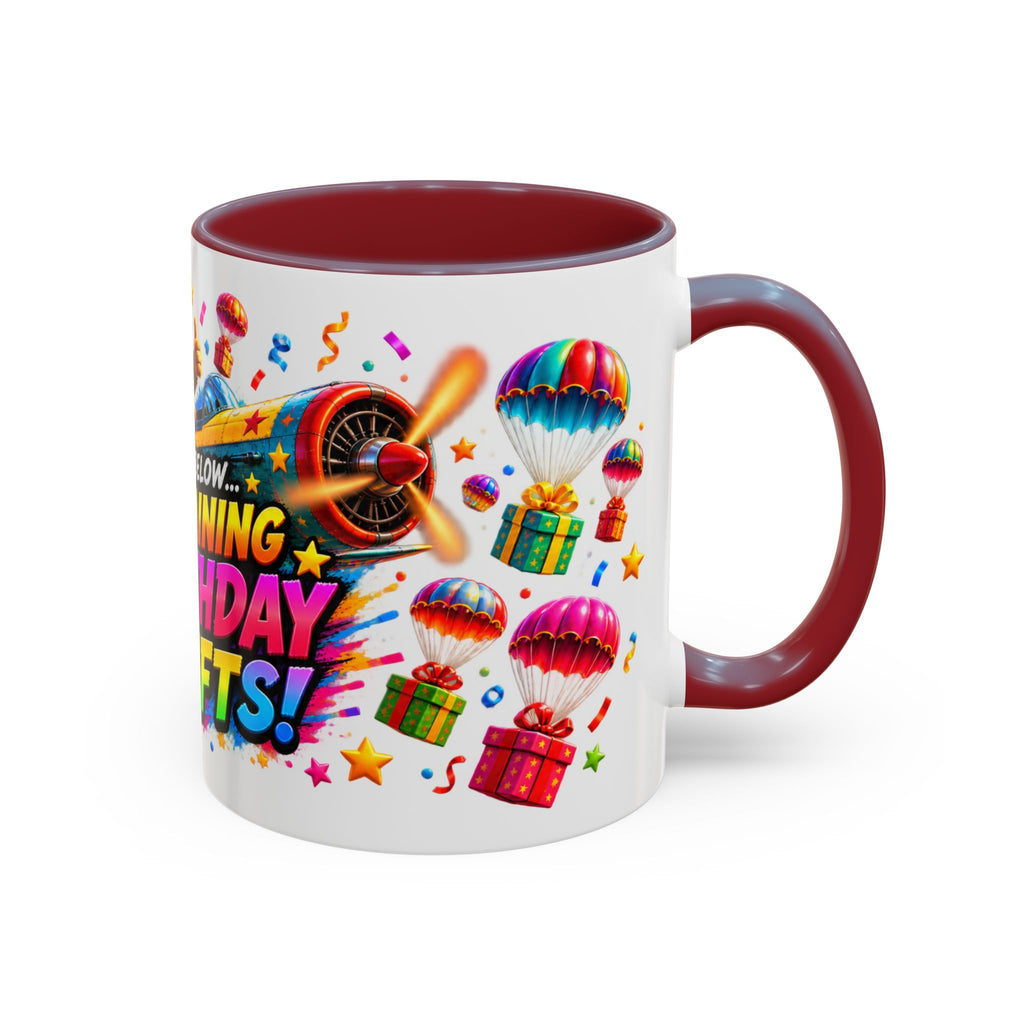 Birthday Gifts Coffee Mug — "It's Raining Birthday Gifts!" Colorful Accent Mug