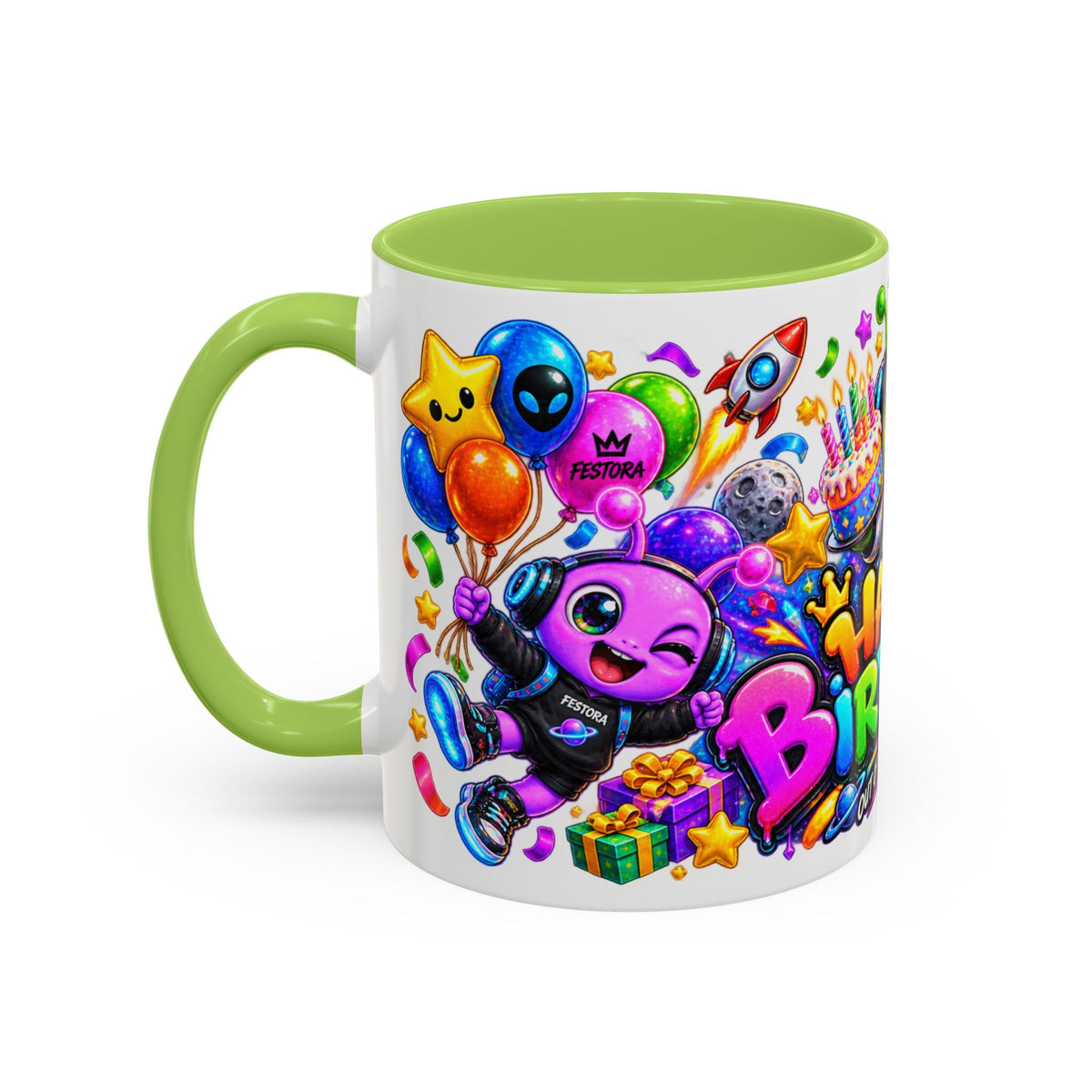 Happy Birthday Out of This World Accent Mug — Cute Alien Space Birthday Coffee Cup (11oz)