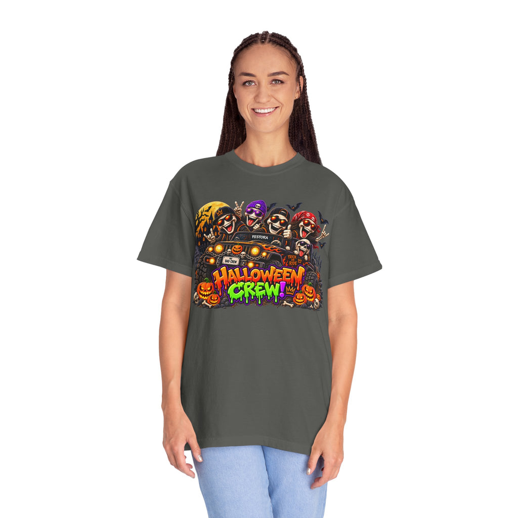 Halloween Crew T-Shirt – Skeleton Jeep Spooky Graphic Tee