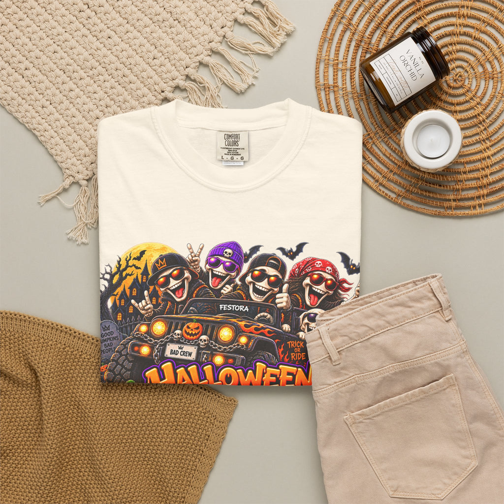 Halloween Crew T-Shirt – Skeleton Jeep Spooky Graphic Tee