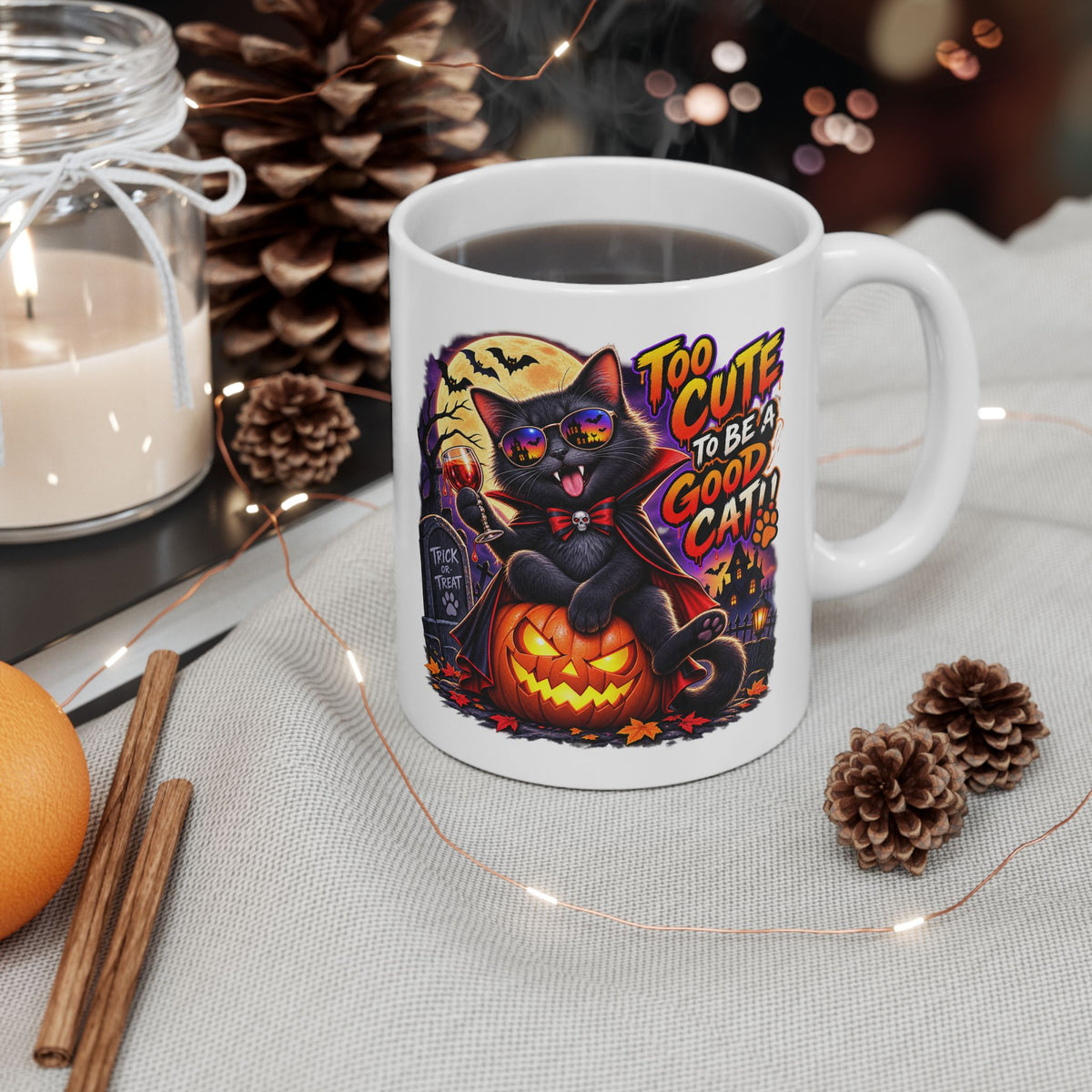 Halloween Cat Mug - “Too Cute to Be a Good Cat” Ceramic Coffee Cup (11oz/15oz)