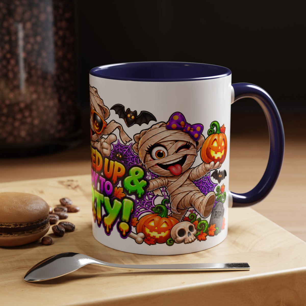 Wrapped Up & Ready to Party White Mug – Funny Mummies & Spooky Party Design