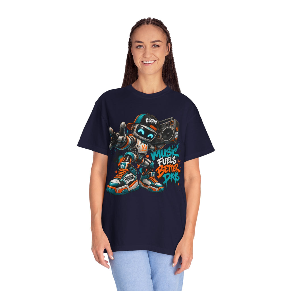 Music Fuels Better Days T-Shirt — Retro Robot Boombox Streetwear