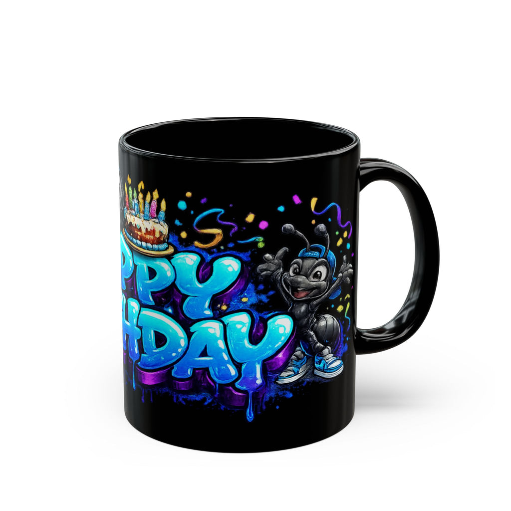 Happy Birthday Black Mug — Colorful Graffiti Cake & Cartoon Character Birthday Coffee Cup (11oz/15oz)