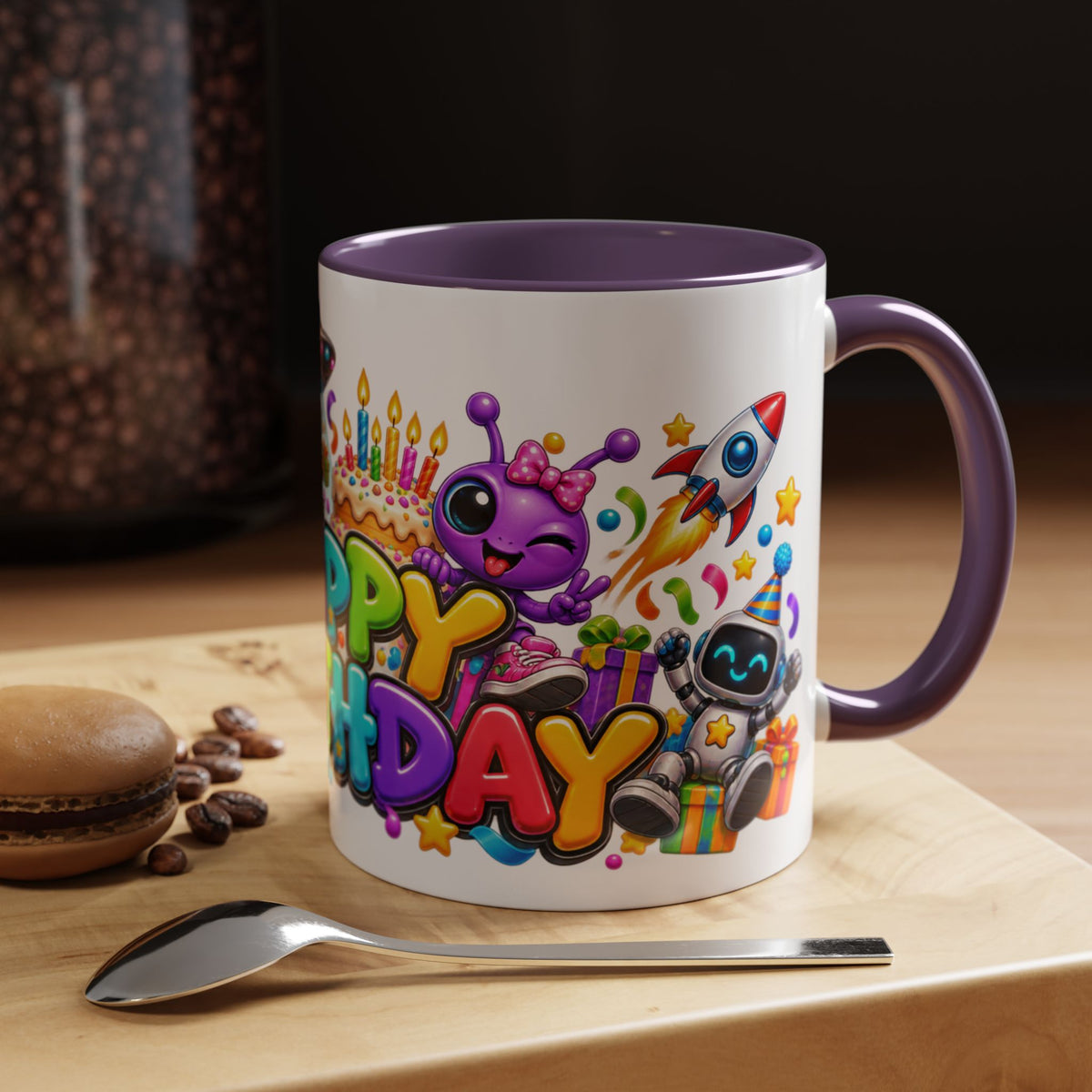 Happy Birthday Space Party Mug – Cute Aliens, Robots, UFO & Colorful 3D Birthday Design