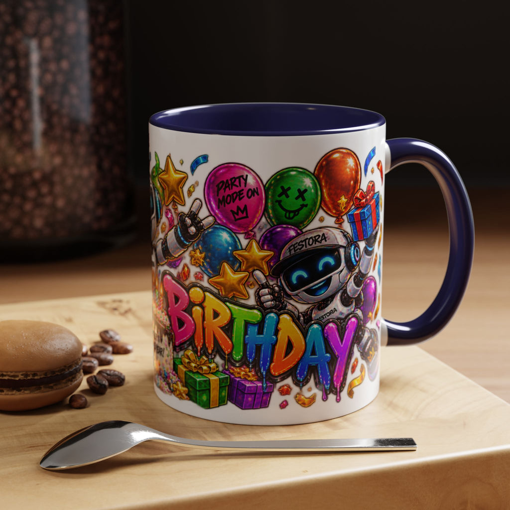 Birthday Robot Coffee Mug — Colorful Happy Birthday Accent Mug (11oz)