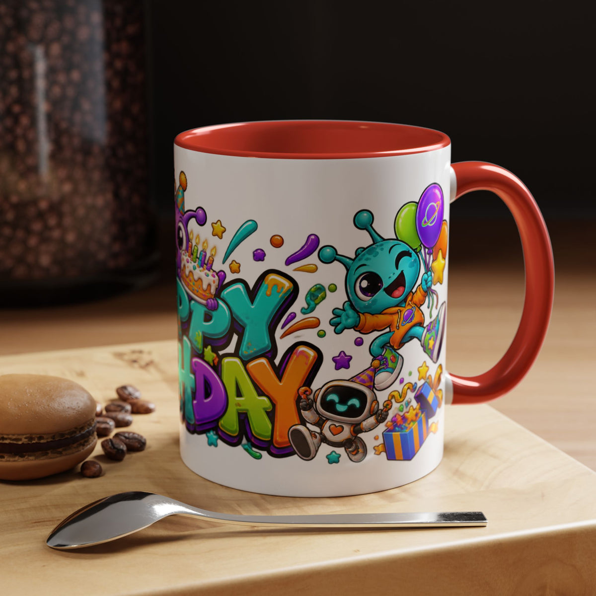 Happy Birthday Alien Mug – Colorful Space Party Cup with Cute Aliens & Robots