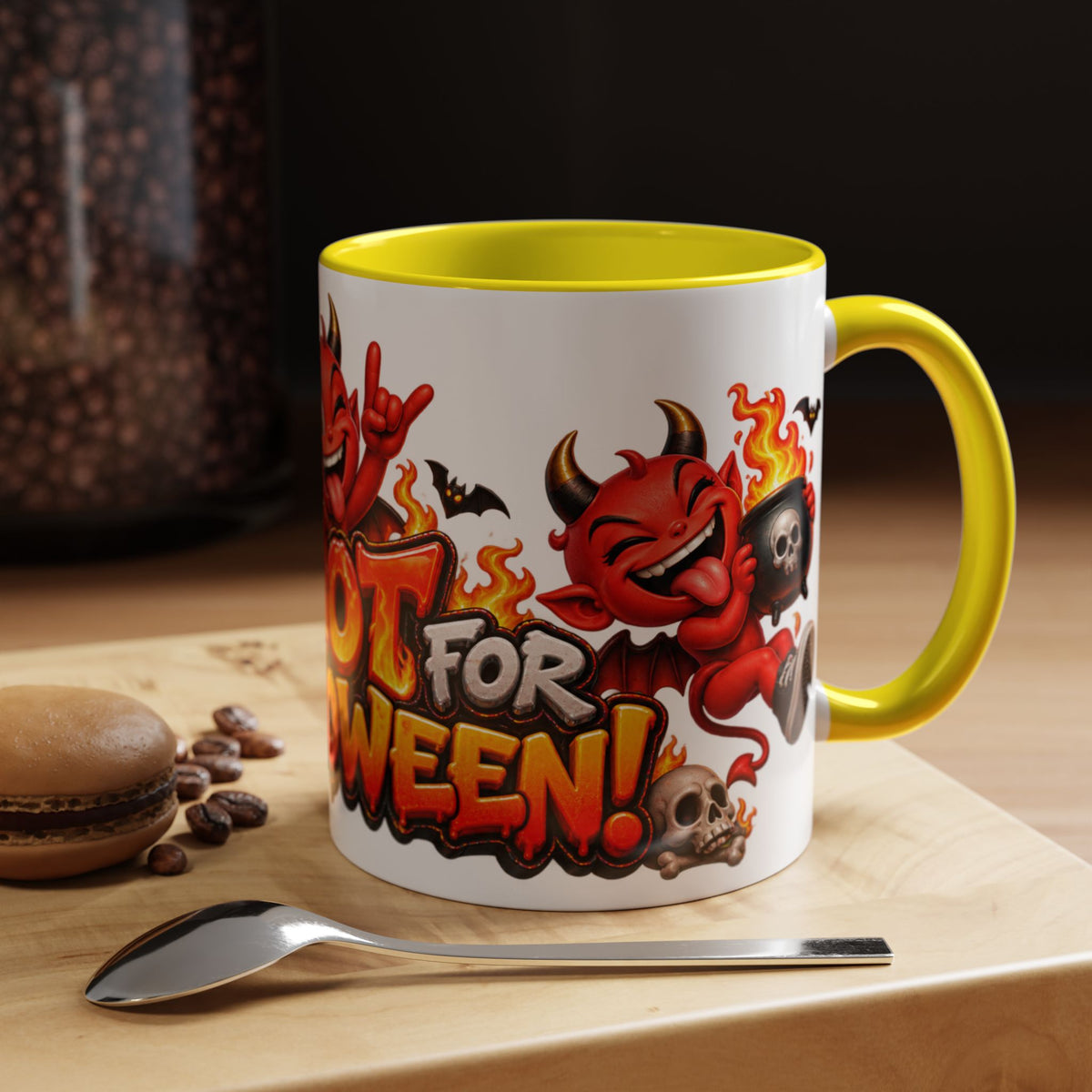 Too Hot for Halloween White Mug – Funny Devils, Flames & Spooky Design