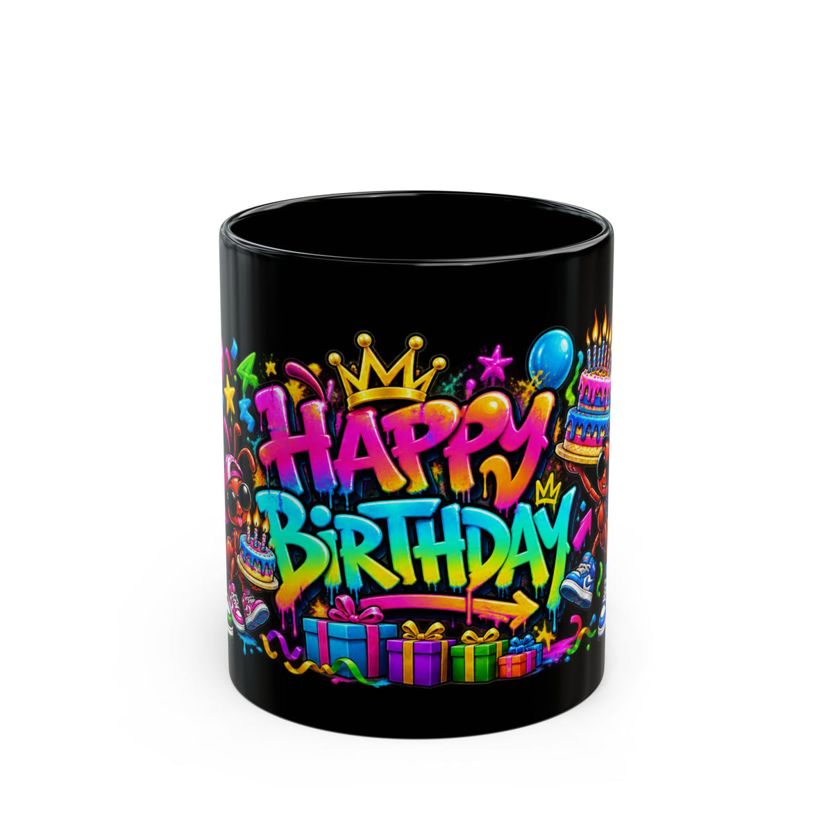 Happy Birthday Black Mug — Colorful Graffiti Celebration Coffee Cup (11oz/15oz)