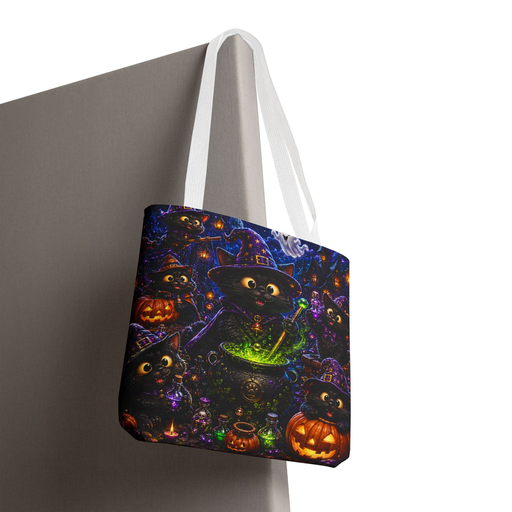 Halloween Black Cat Witches Tote Bag — Cute 3D Cats, Cauldron & Pumpkins Design