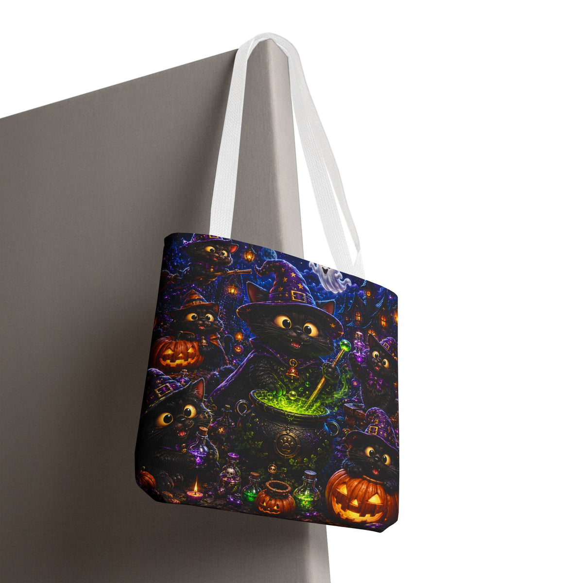 Halloween Black Cat Witches Tote Bag — Cute 3D Cats, Cauldron & Pumpkins Design