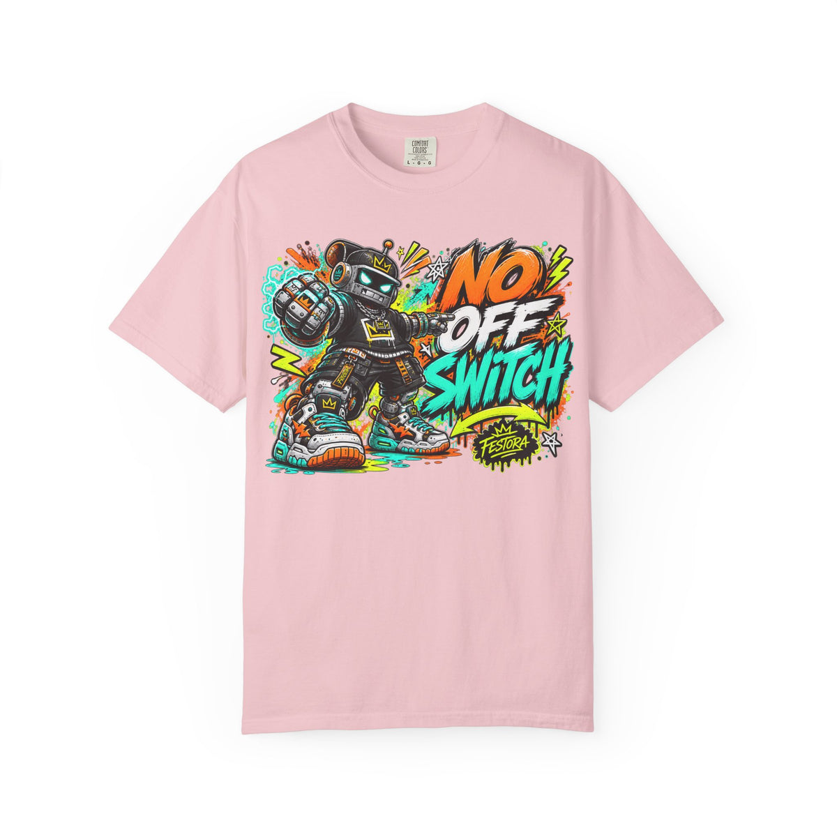 No Off Switch Robot Graphic T-Shirt — Bold Retro Streetwear Design
