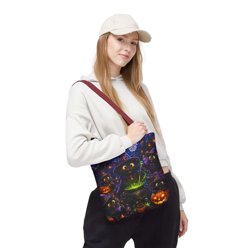 Halloween Black Cat Witches Tote Bag — Cute 3D Cats, Cauldron & Pumpkins Design