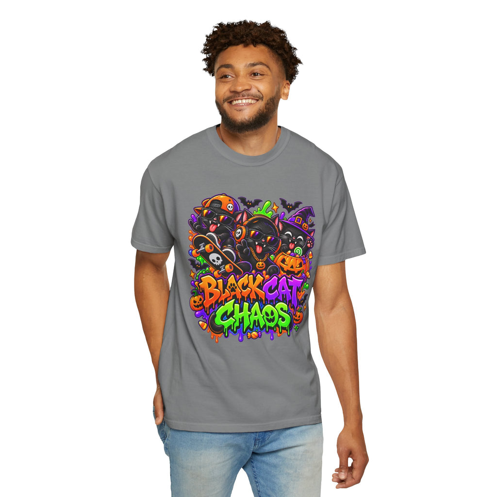 Neon Black Cat Halloween Chaos T-Shirt | Cute Spooky Cat Graphic Tee