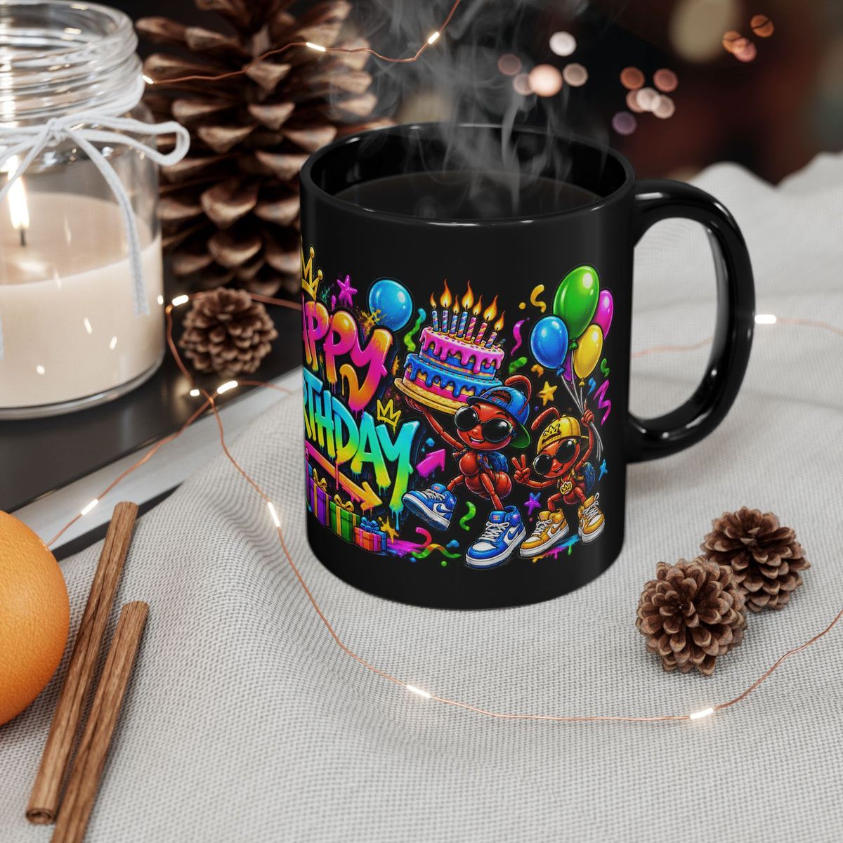 Happy Birthday Black Mug — Colorful Graffiti Celebration Coffee Cup (11oz/15oz)