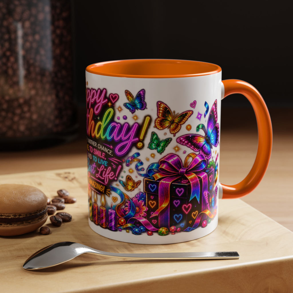 Birthday Coffee Mug – Colorful "Happy Birthday" Gift Mug with Butterflies & Candles