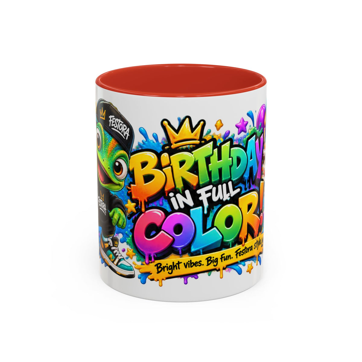 Birthday in Full Color White Ceramic Mug – Fun Colorful Birthday Coffee Cup – FestoraShop Original Design