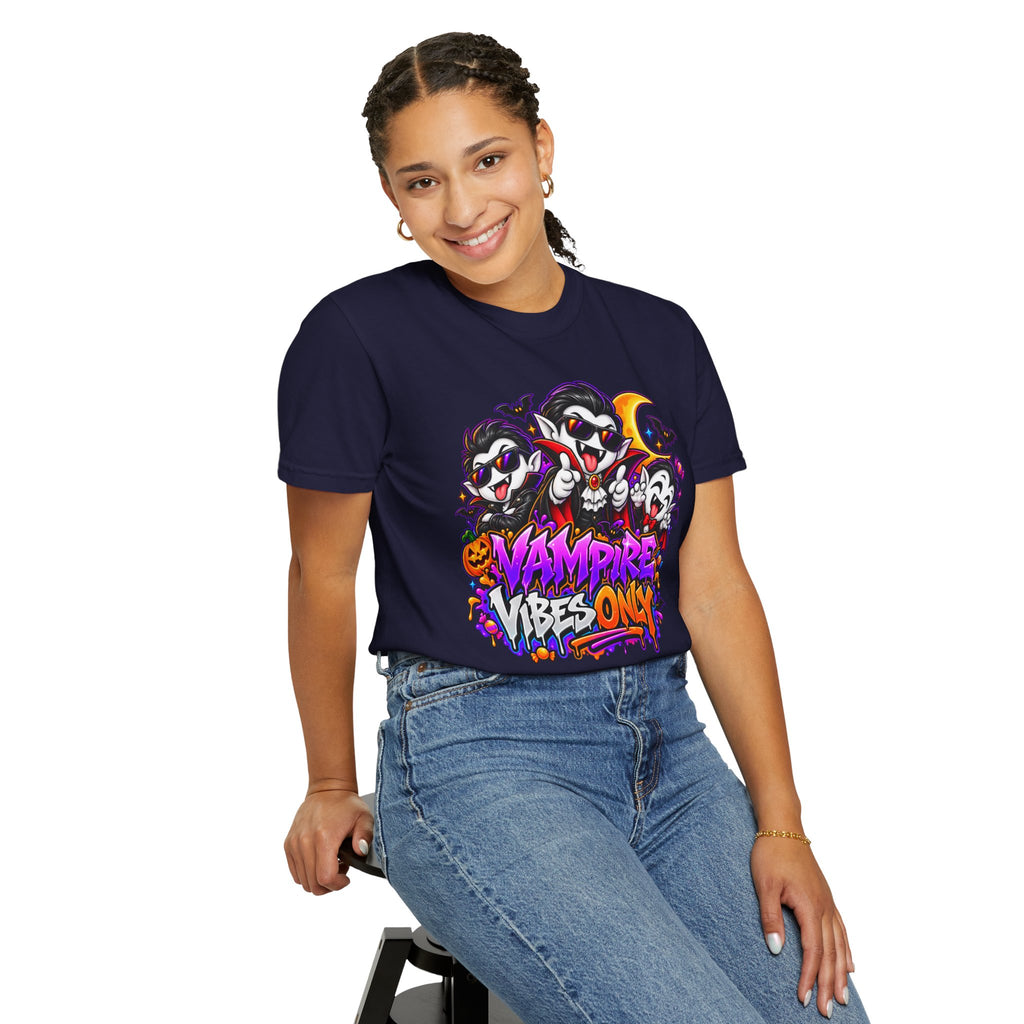 Neon Vampire Vibes Halloween Unisex Garment-Dyed T-Shirt Featuring a Cool Festora Vampire Crew