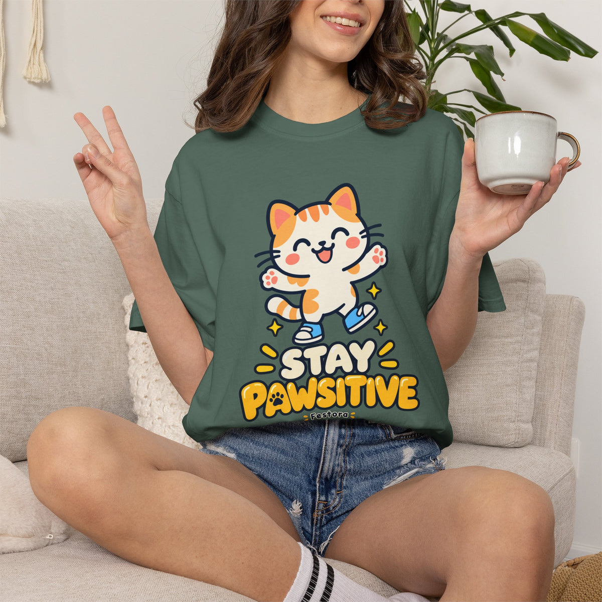 Stay Pawsitive – Cute Happy Cat Graphic T-Shirt