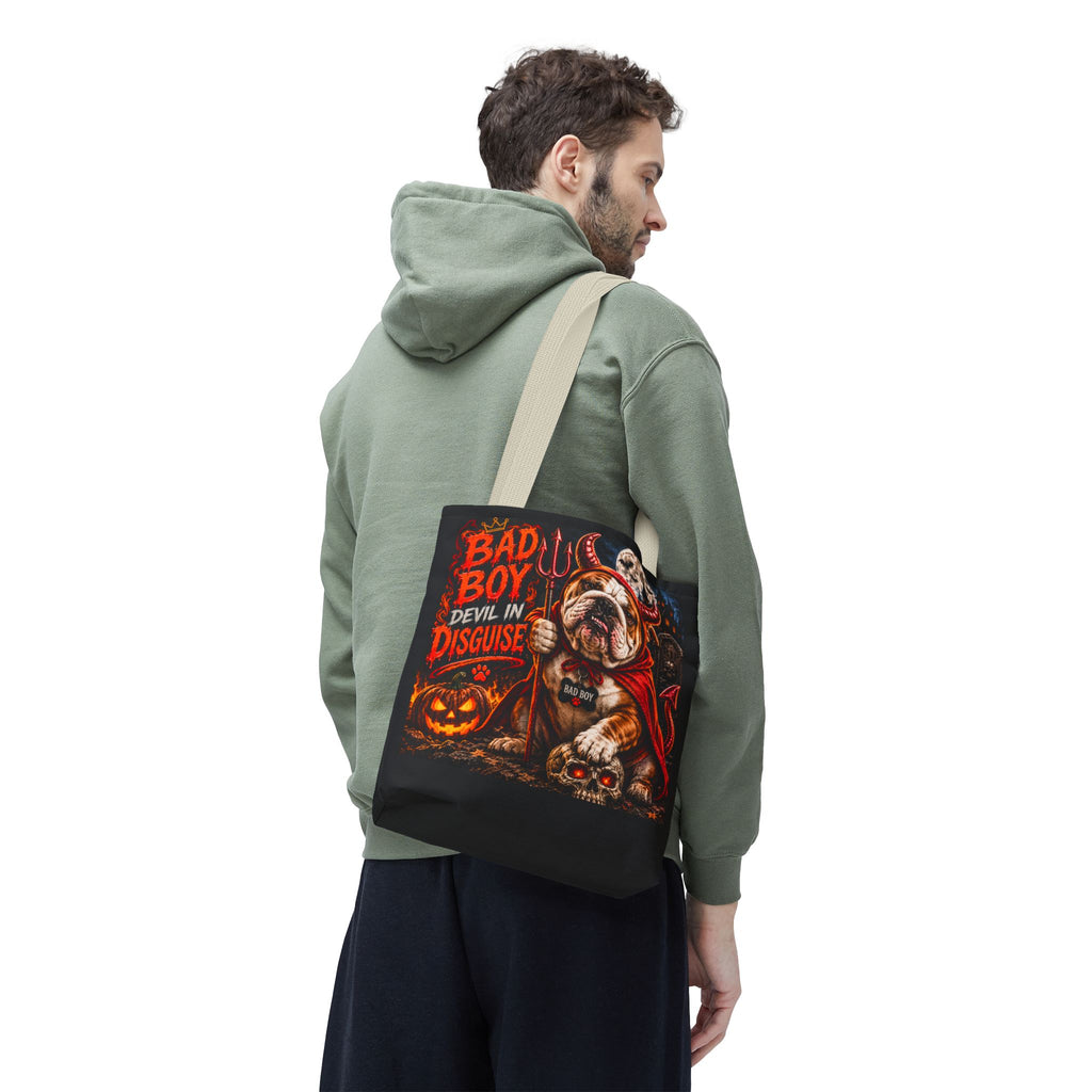 Halloween Bulldog Tote Bag – "Bad Boy Devil in Disguise" Gothic Pumpkin Skull Design