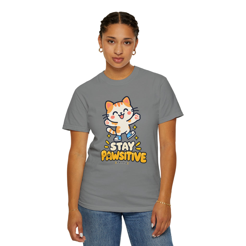 Stay Pawsitive – Cute Happy Cat Graphic T-Shirt