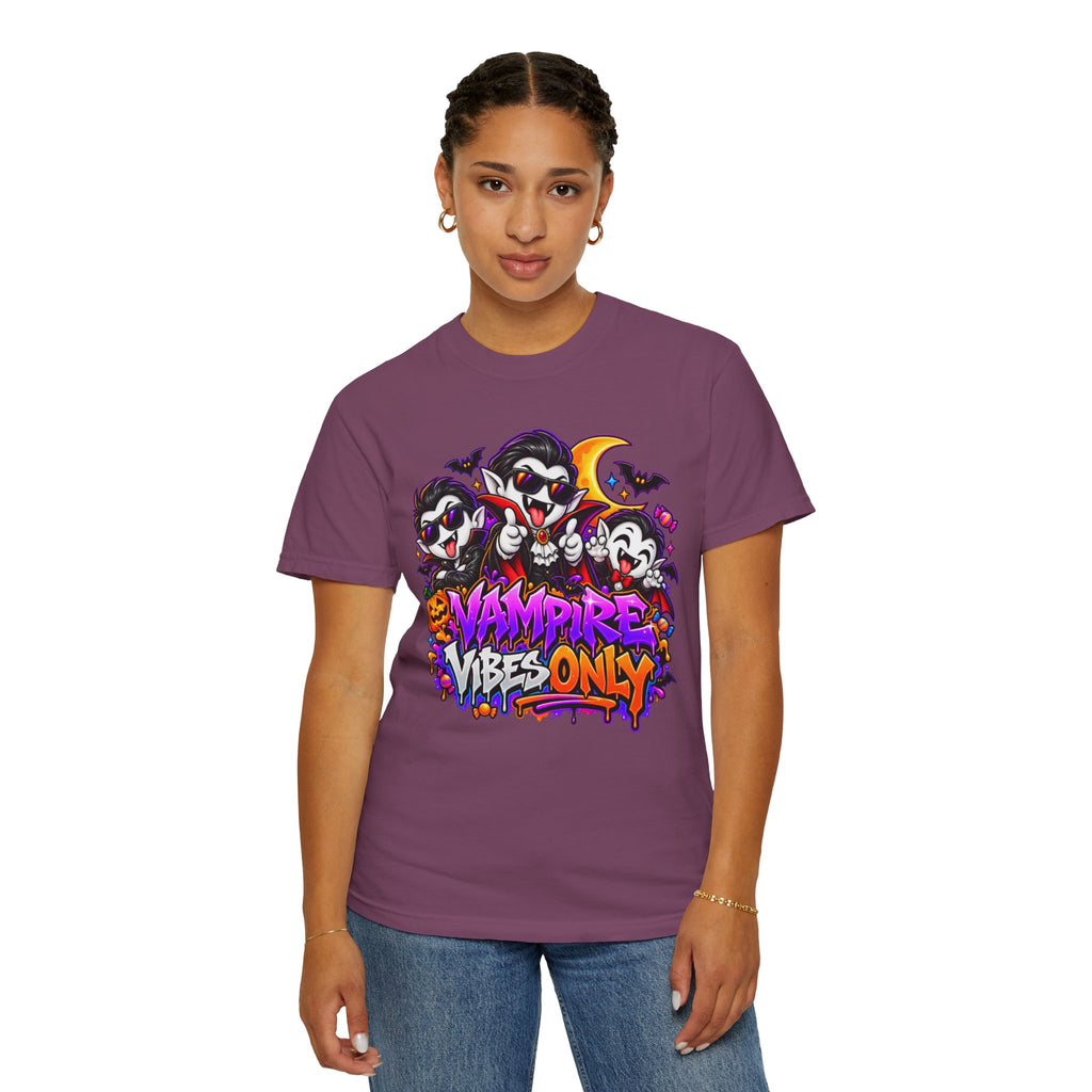 Neon Vampire Vibes Halloween Unisex Garment-Dyed T-Shirt Featuring a Cool Festora Vampire Crew