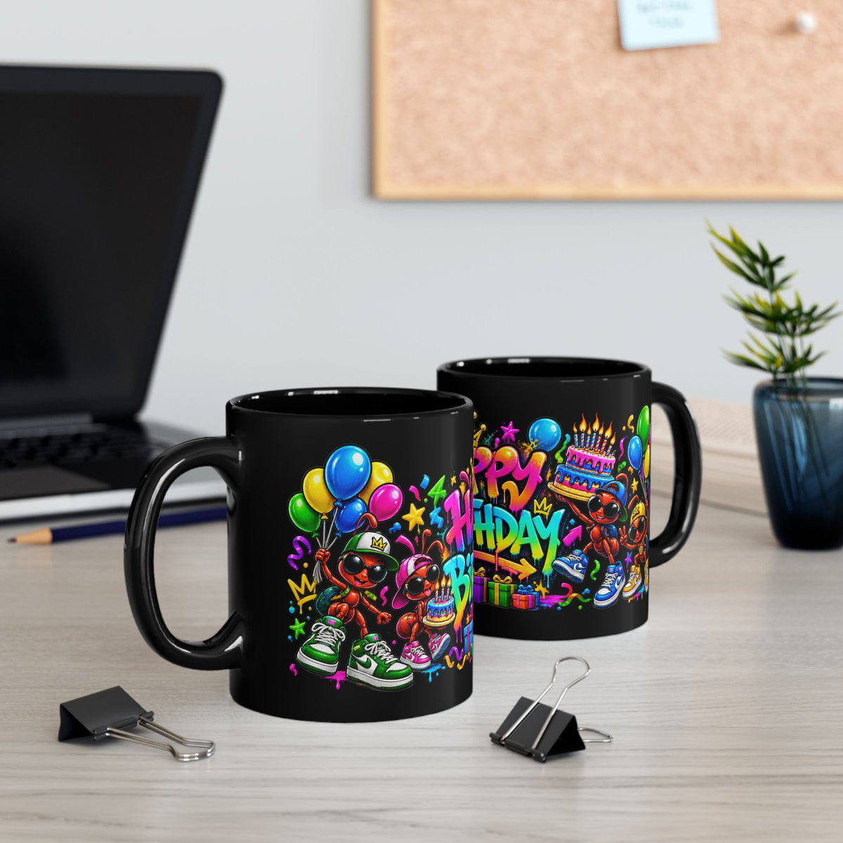 Happy Birthday Black Mug — Colorful Graffiti Celebration Coffee Cup (11oz/15oz)