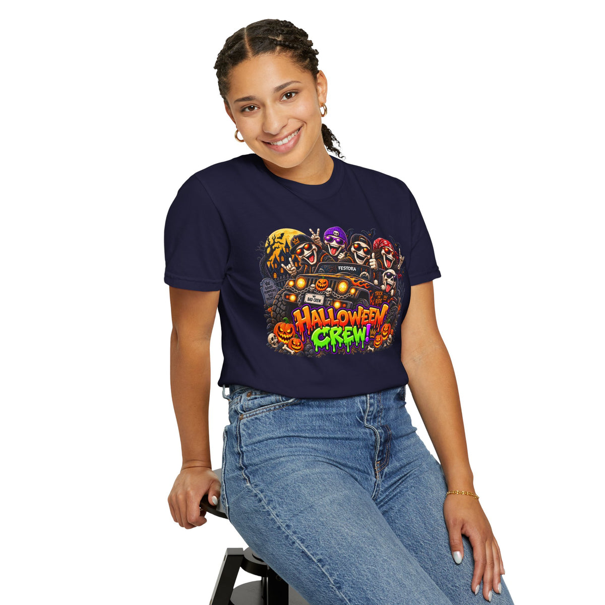 Halloween Crew T-Shirt – Skeleton Jeep Spooky Graphic Tee