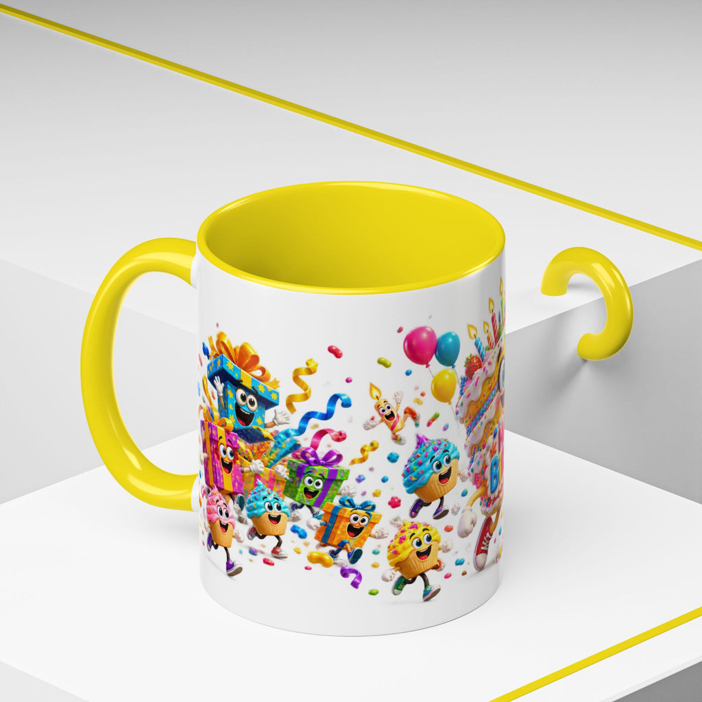 Birthday Party Coffee Mug – Colorful Happy Birthday Cake & Balloon Design (11/15oz Accent Mug)