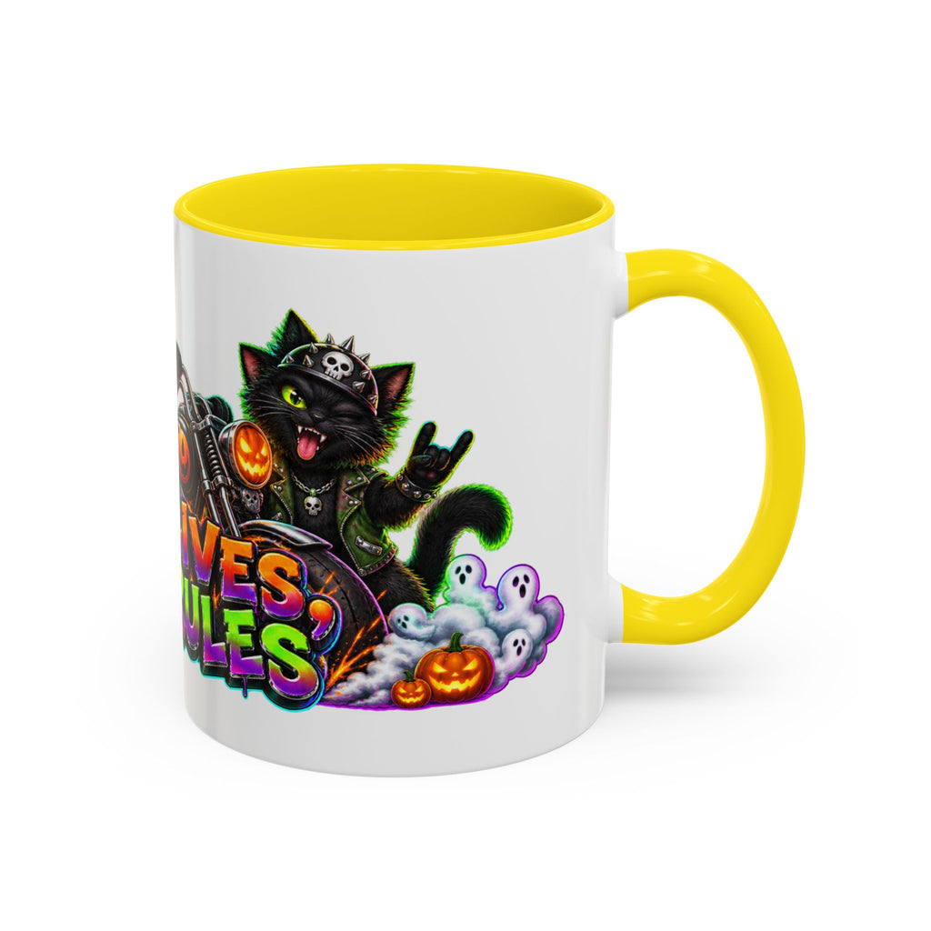 Nine Lives Zero Rules Biker Cats Halloween White Mug