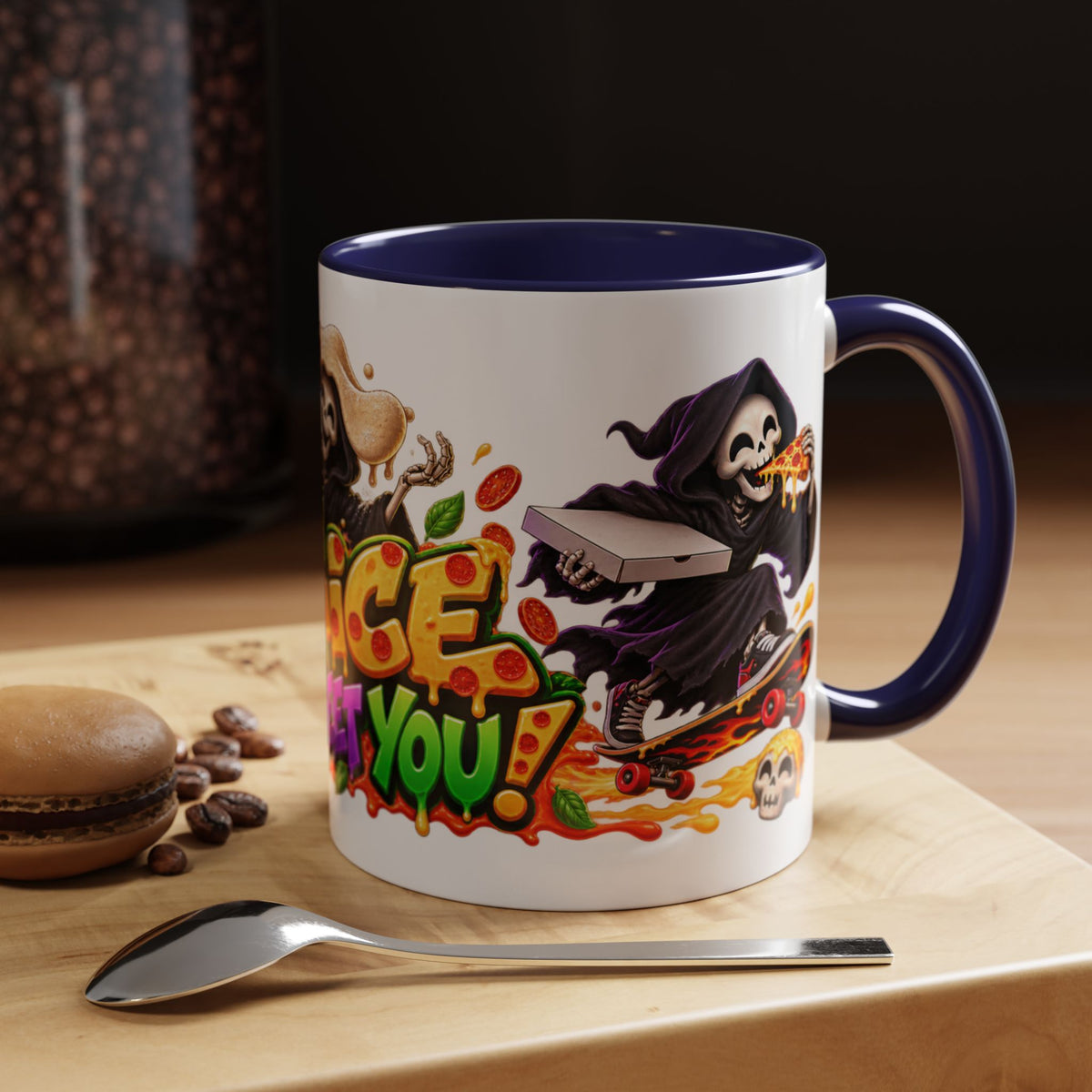 Slice to Meet You Funny Grim Reaper Pizza Halloween White Mug