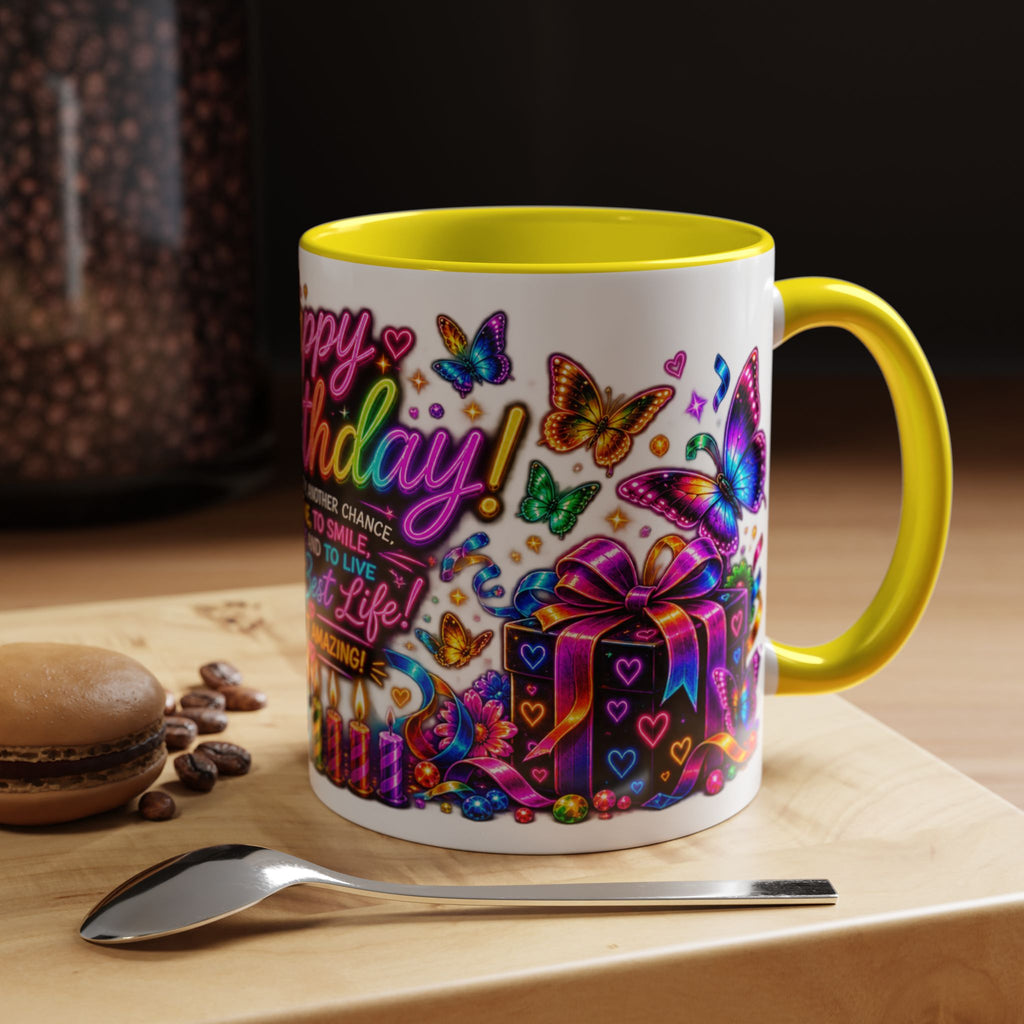 Birthday Coffee Mug – Colorful "Happy Birthday" Gift Mug with Butterflies & Candles