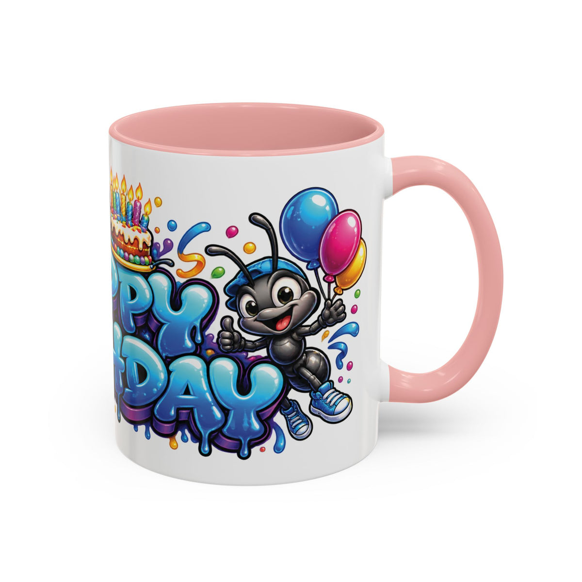 Happy Birthday Cartoon Mug – Graffiti Ants, Birthday Cake, Balloons & Confetti Coffee Cup