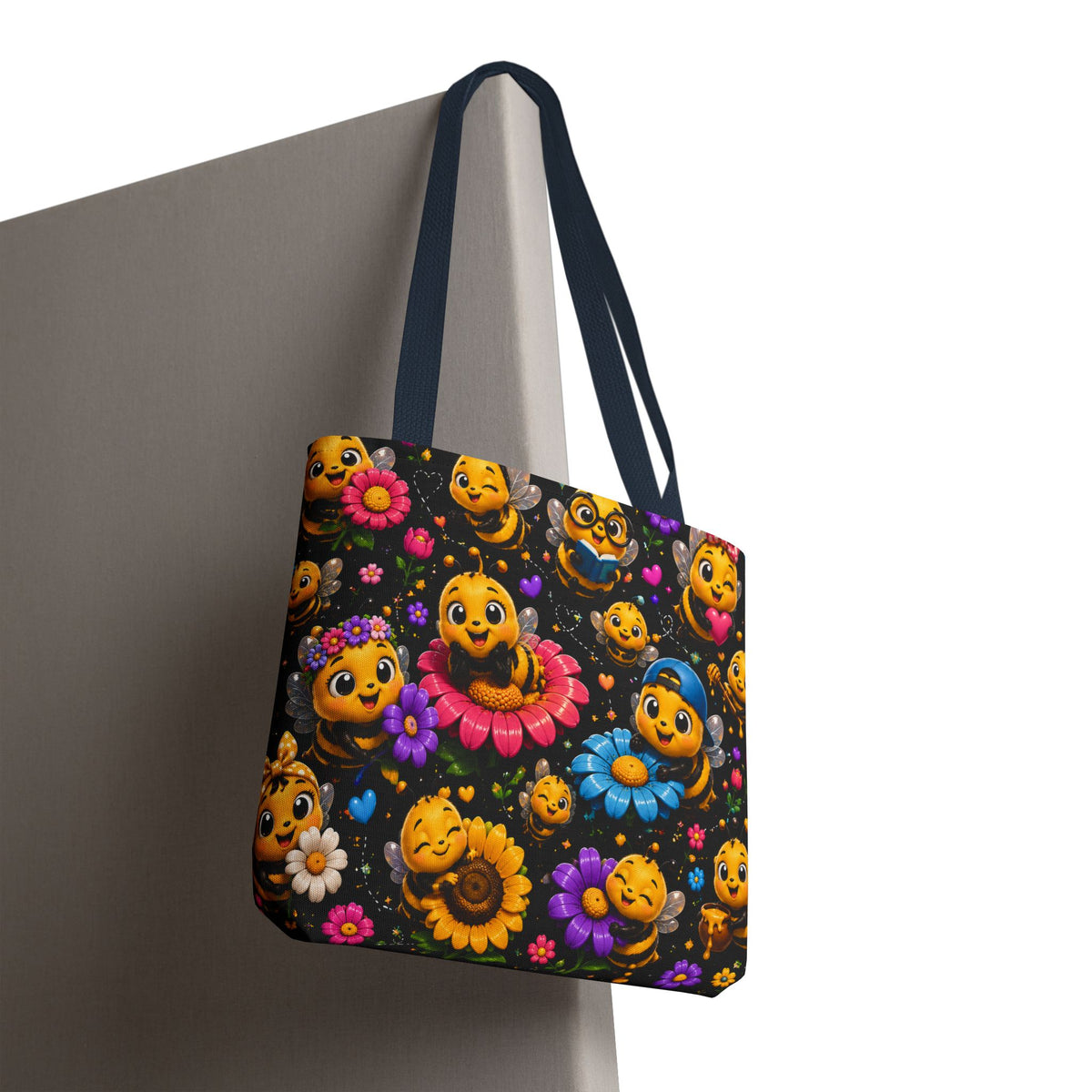 Cute Bee Pattern Tote Bag — Colorful Floral Cartoon Bees All-Over Print
